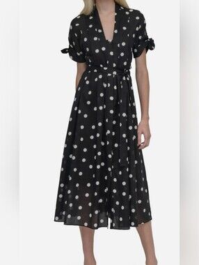 Dkny Black & White Polka Dot Midi Wrap Dress